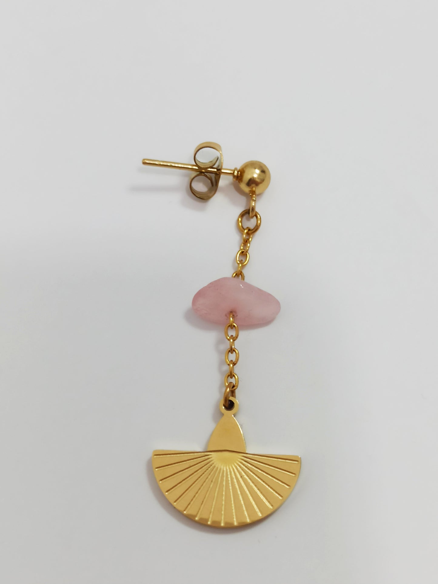 Boucles d’oreilles dorées en acier inoxydable – Pierre quartz rose et pendentifs eventails