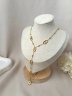 Collier Y maille marine et perles en acier inoxydable doré