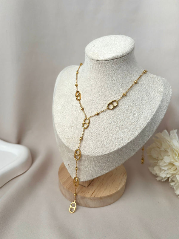 Collier Y maille marine et perles en acier inoxydable doré