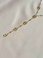 Collier Y maille marine et perles en acier inoxydable doré