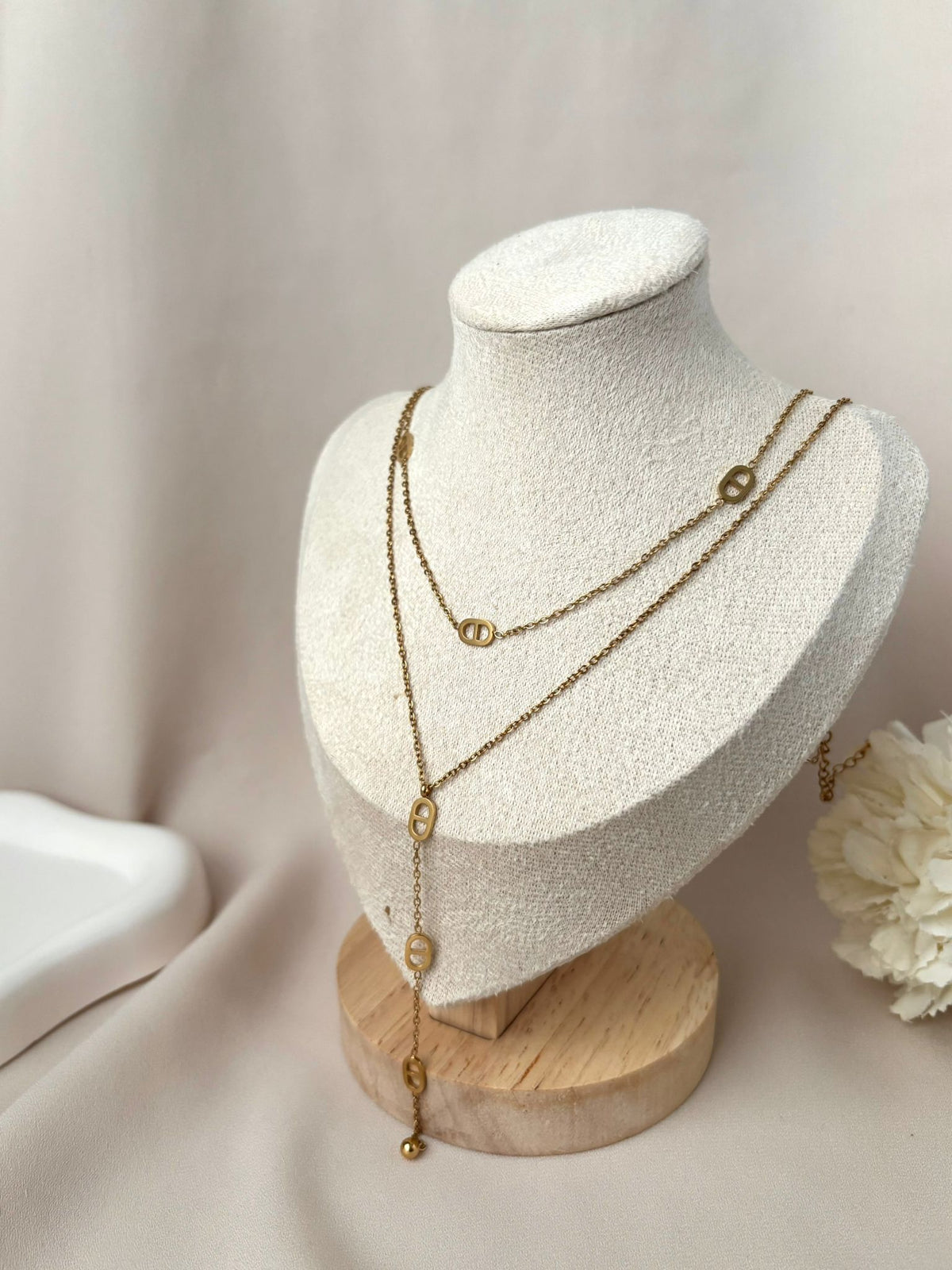 Collier Y maille marine femme en acier inoxydable doré