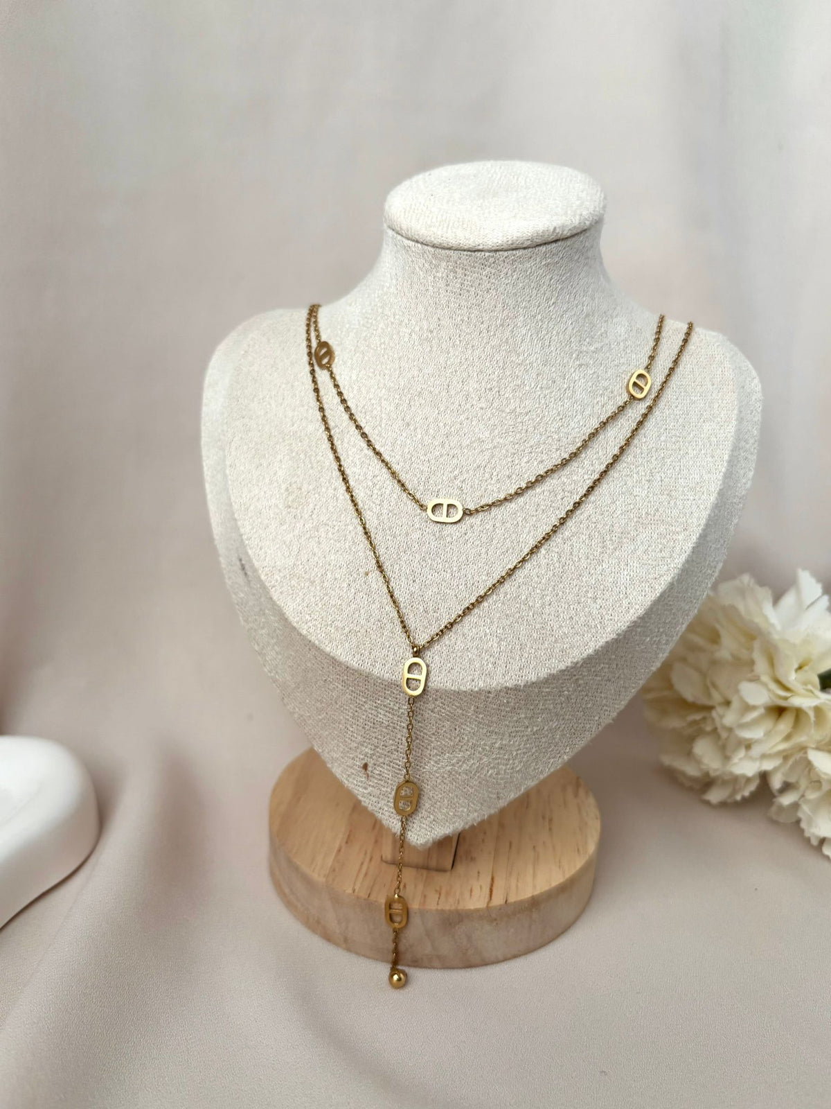 Collier Y maille marine femme en acier inoxydable doré2