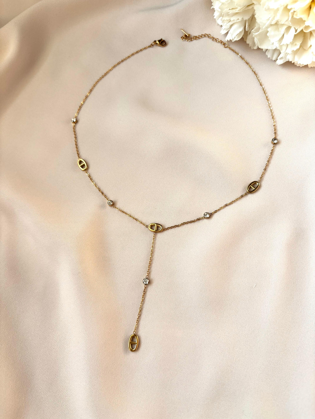Collier Y maille marine et diamant ~acier inoxydable~