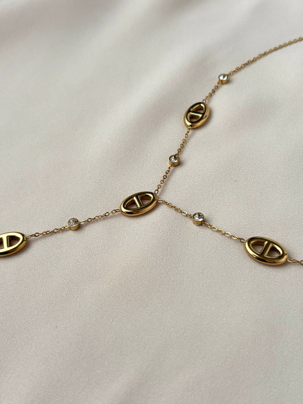 Collier Y maille marine et diamants ~acier inoxydable~