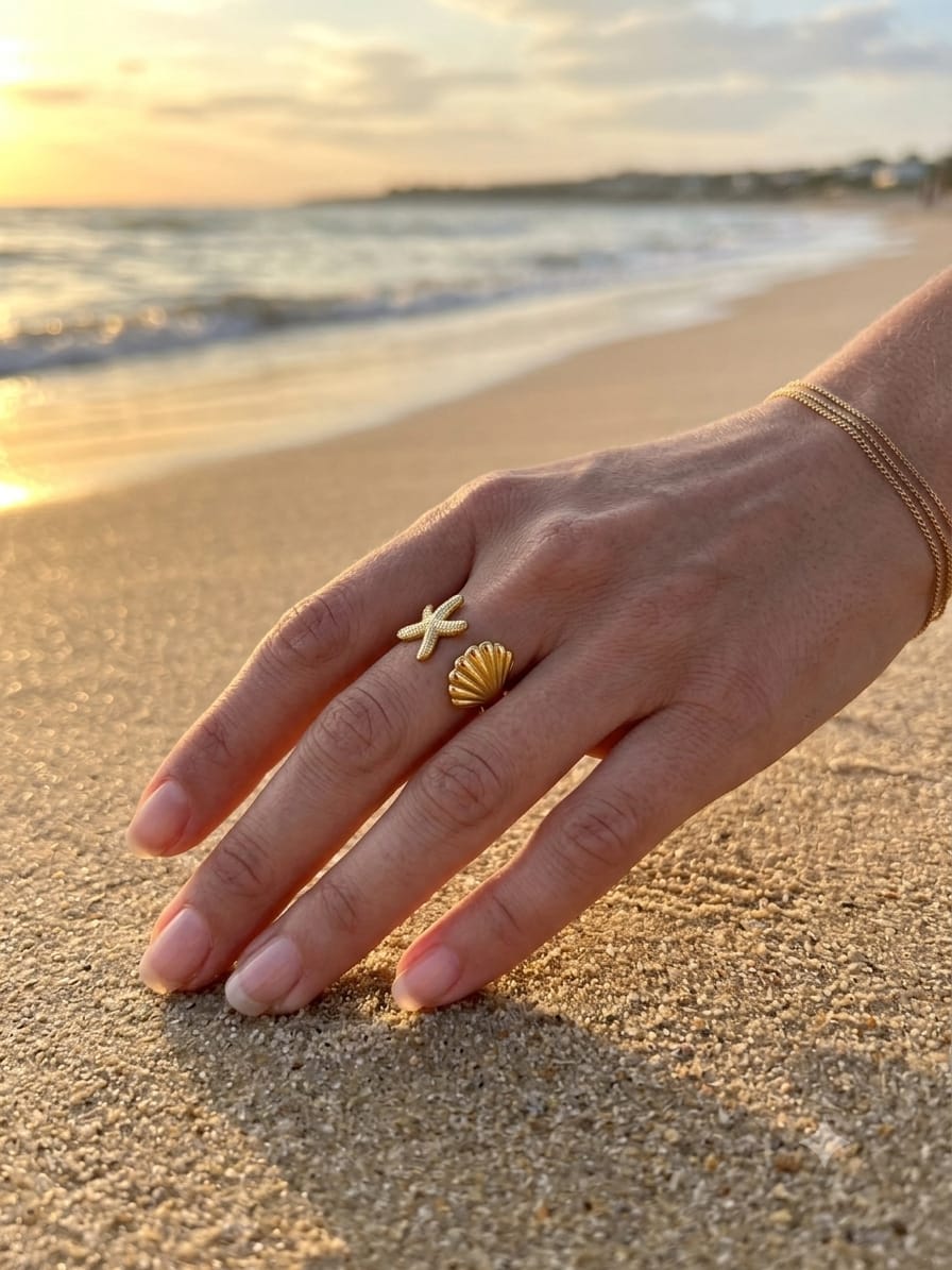 Bague coquillage et étoile de mer ajustable