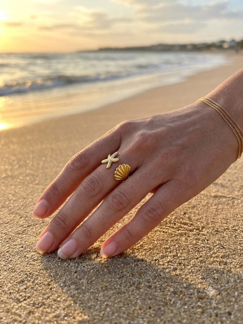 Bague coquillage et étoile de mer ajustable
