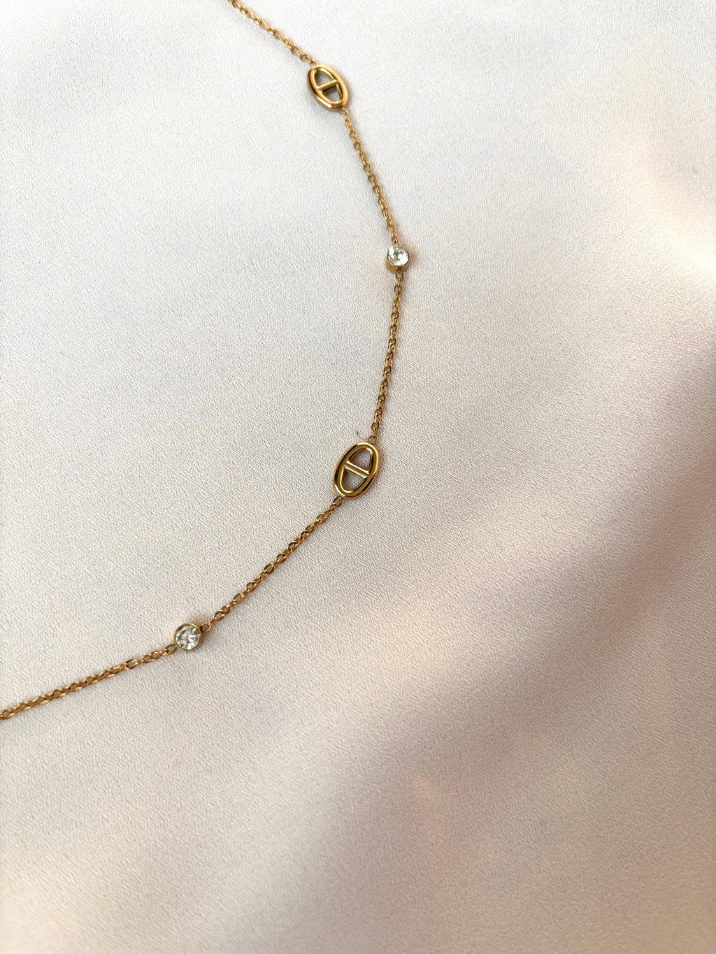 Collier Y maille marine et diamant ~acier inoxydable~