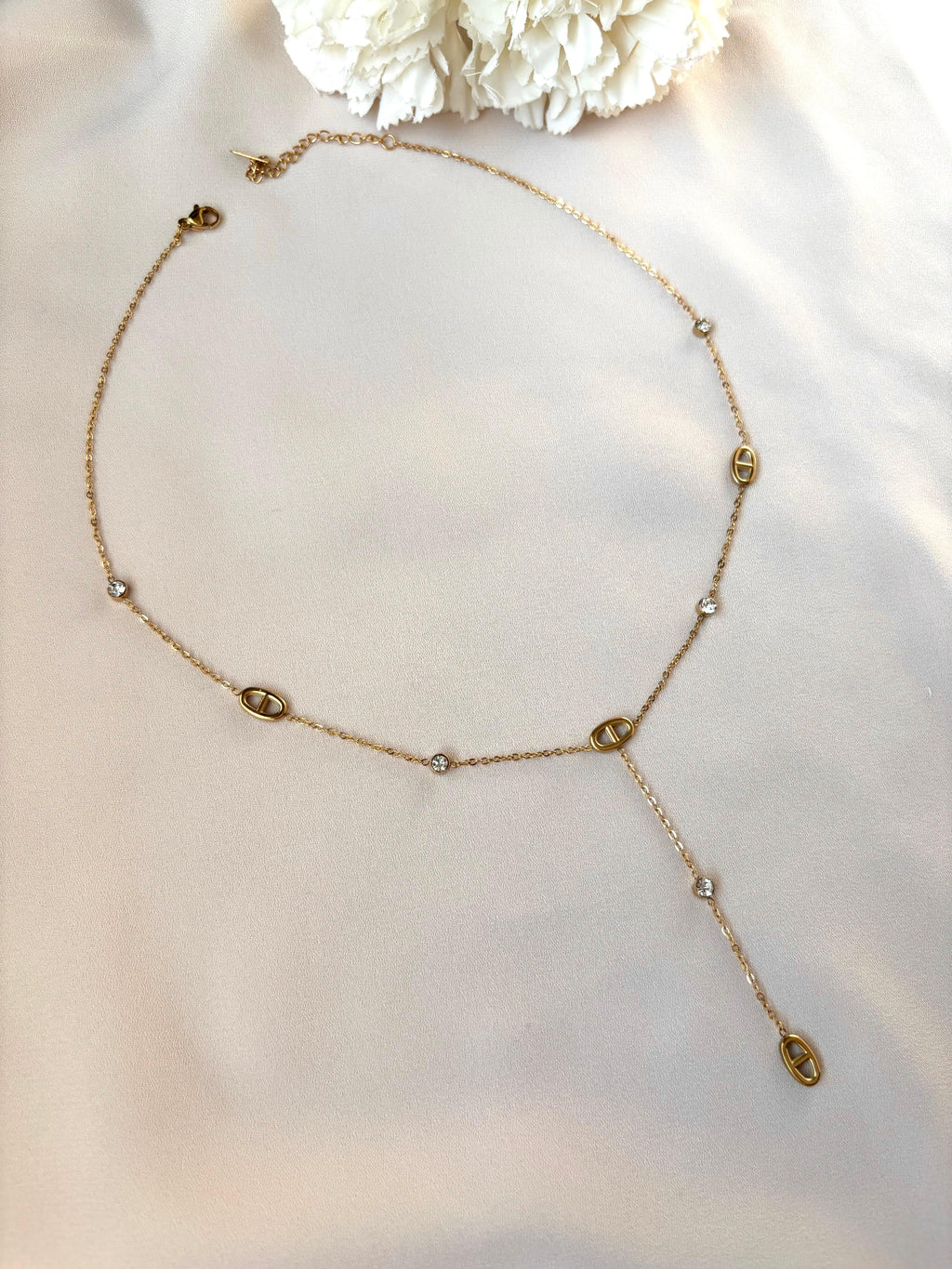 Collier Y maille marine et diamant ~acier inoxydable~