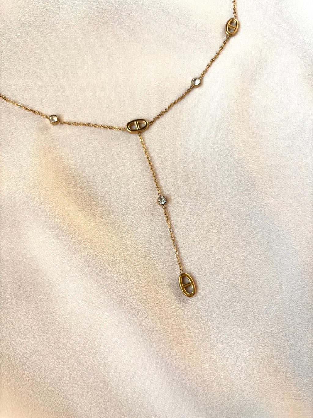 Collier Y maille marine et diamant ~acier inoxydable~