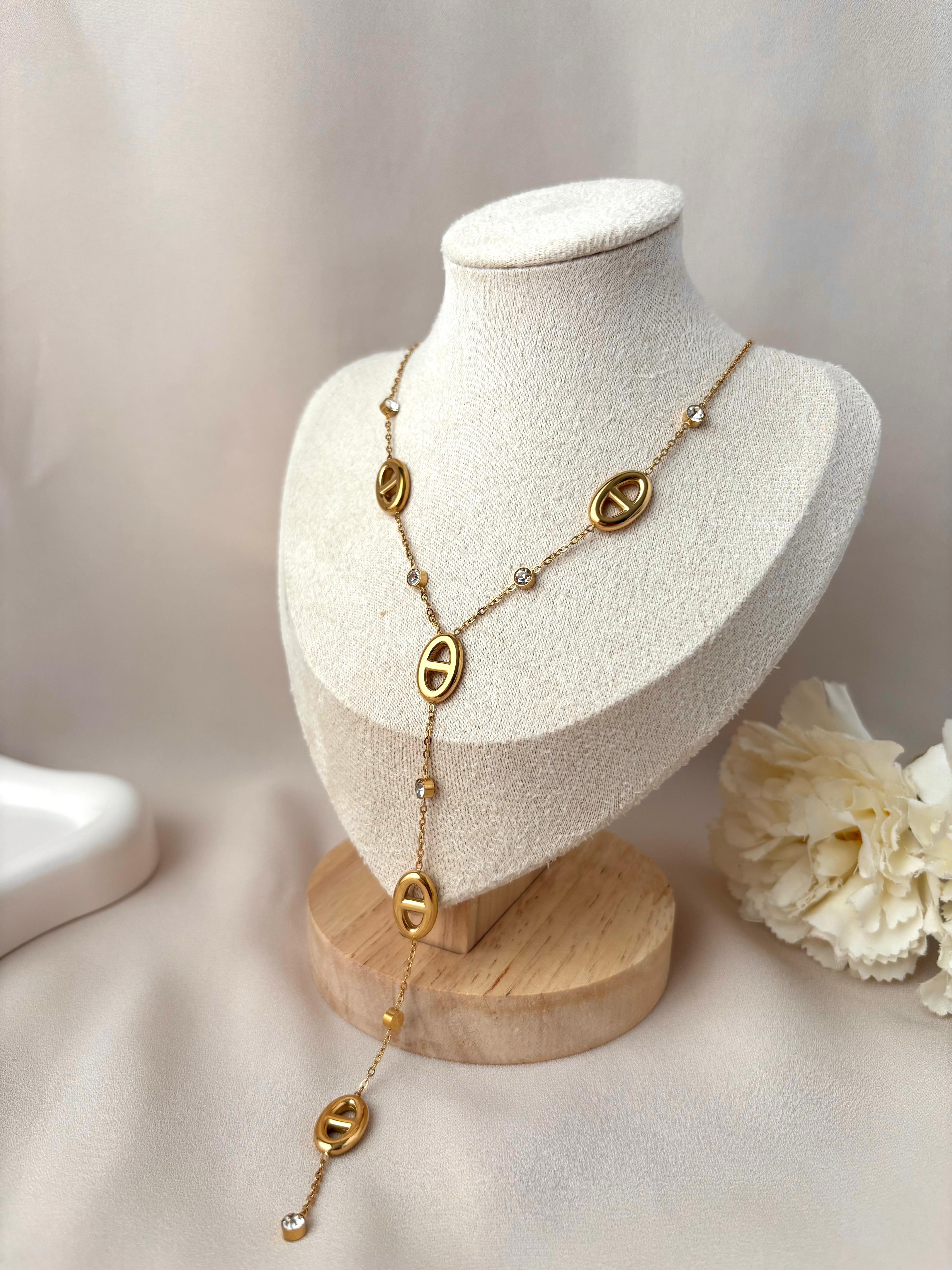 Collier Y maille marine et diamants ~acier inoxydable~