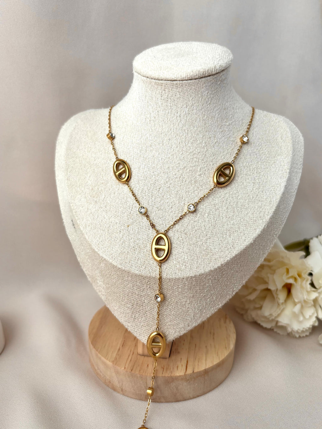 Collier Y maille marine et diamants ~acier inoxydable~
