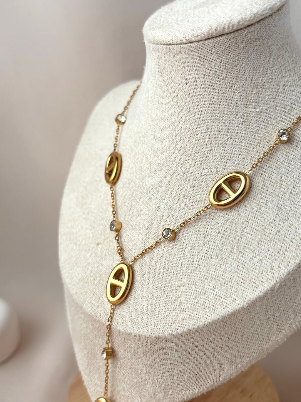 Collier Y maille marine et diamants ~acier inoxydable~
