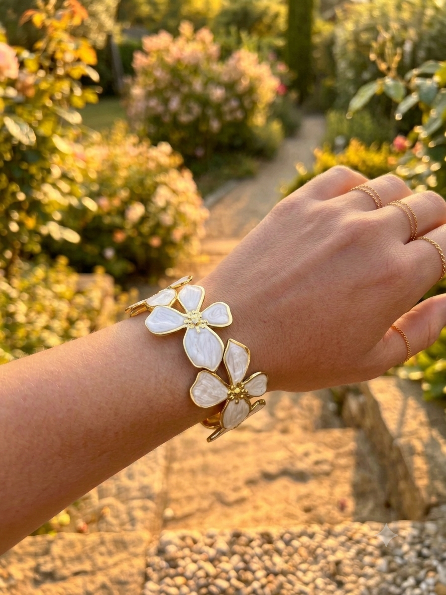 Bracelet fleur émaillé blanc