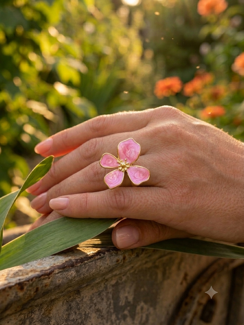 Bague fleur émail rose