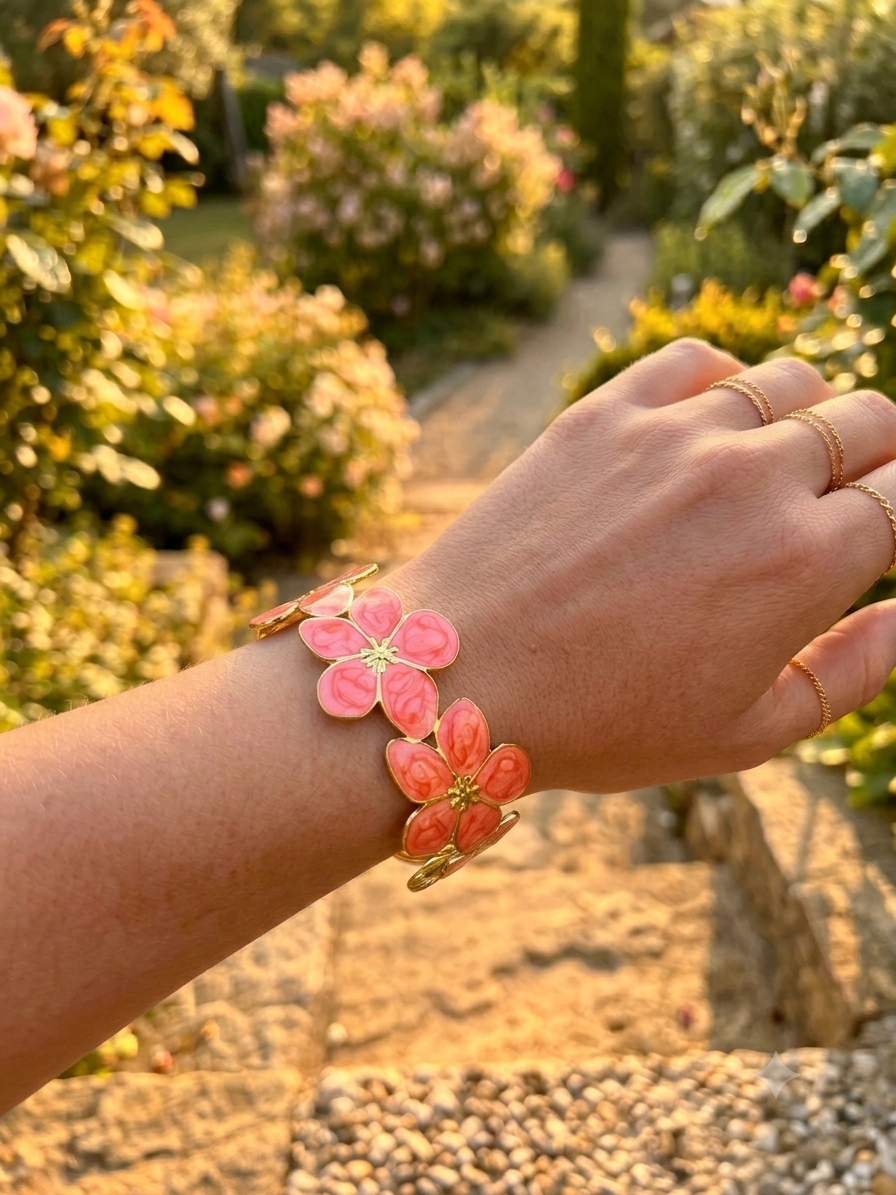 Bracelet fleur émaillé orange
