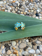 Bague petites fleurs émail bleu turquoise