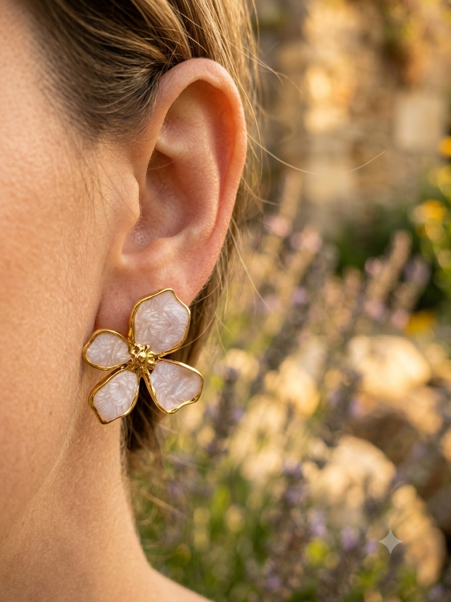 Boucles d’oreilles fleur émaillé blanche