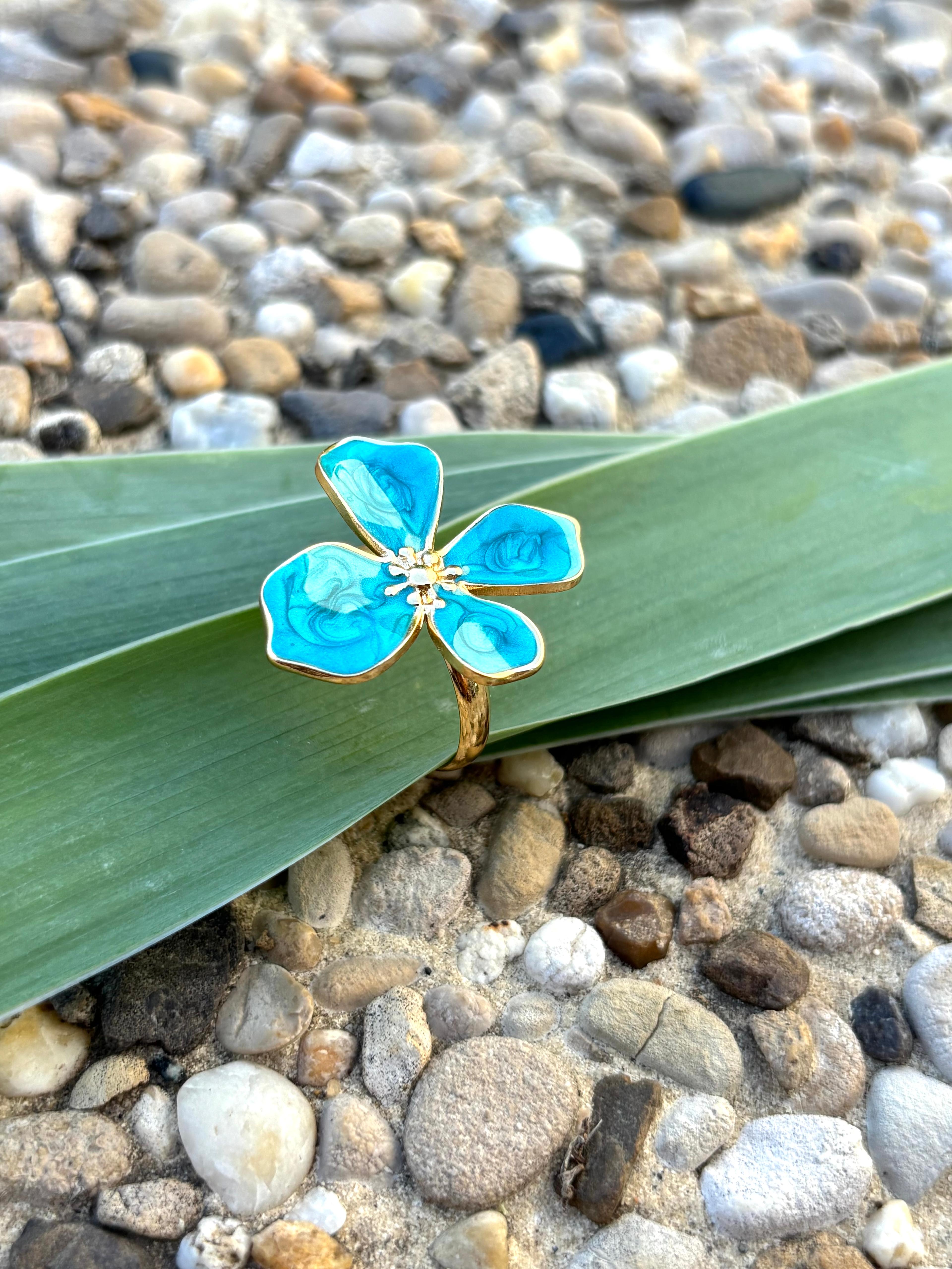 Bague fleur émail bleu turquoise