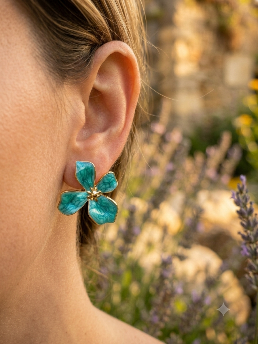 Boucles d’oreilles fleur émaillé bleu turquoise