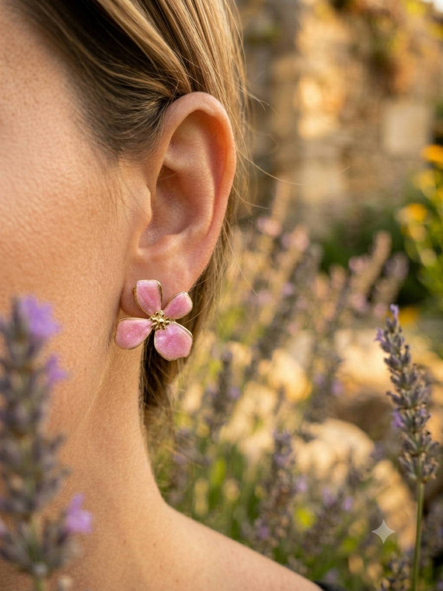 Boucles d’oreilles fleur émaillé rose