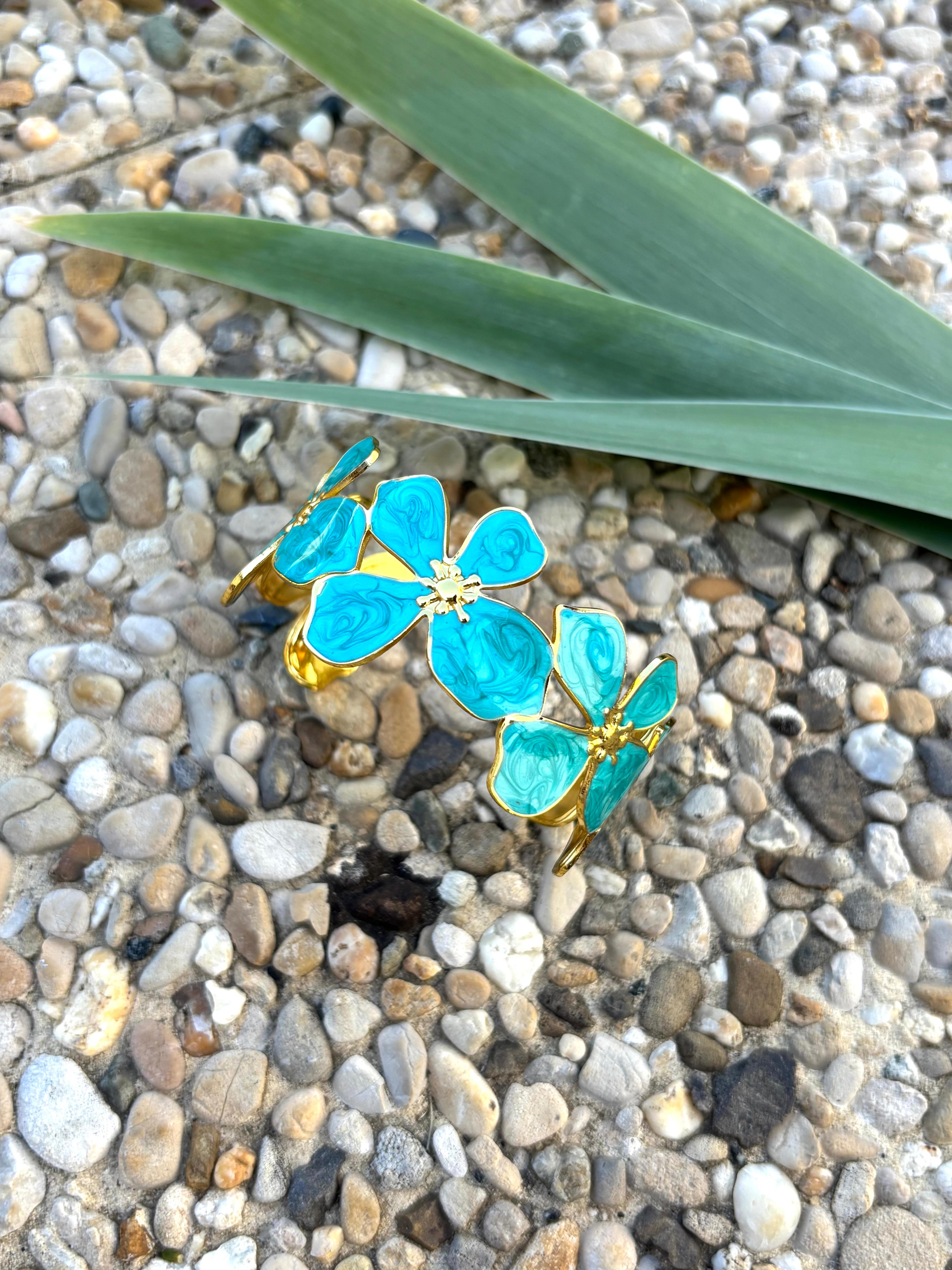 Bracelet fleur émaillé bleu turquoise