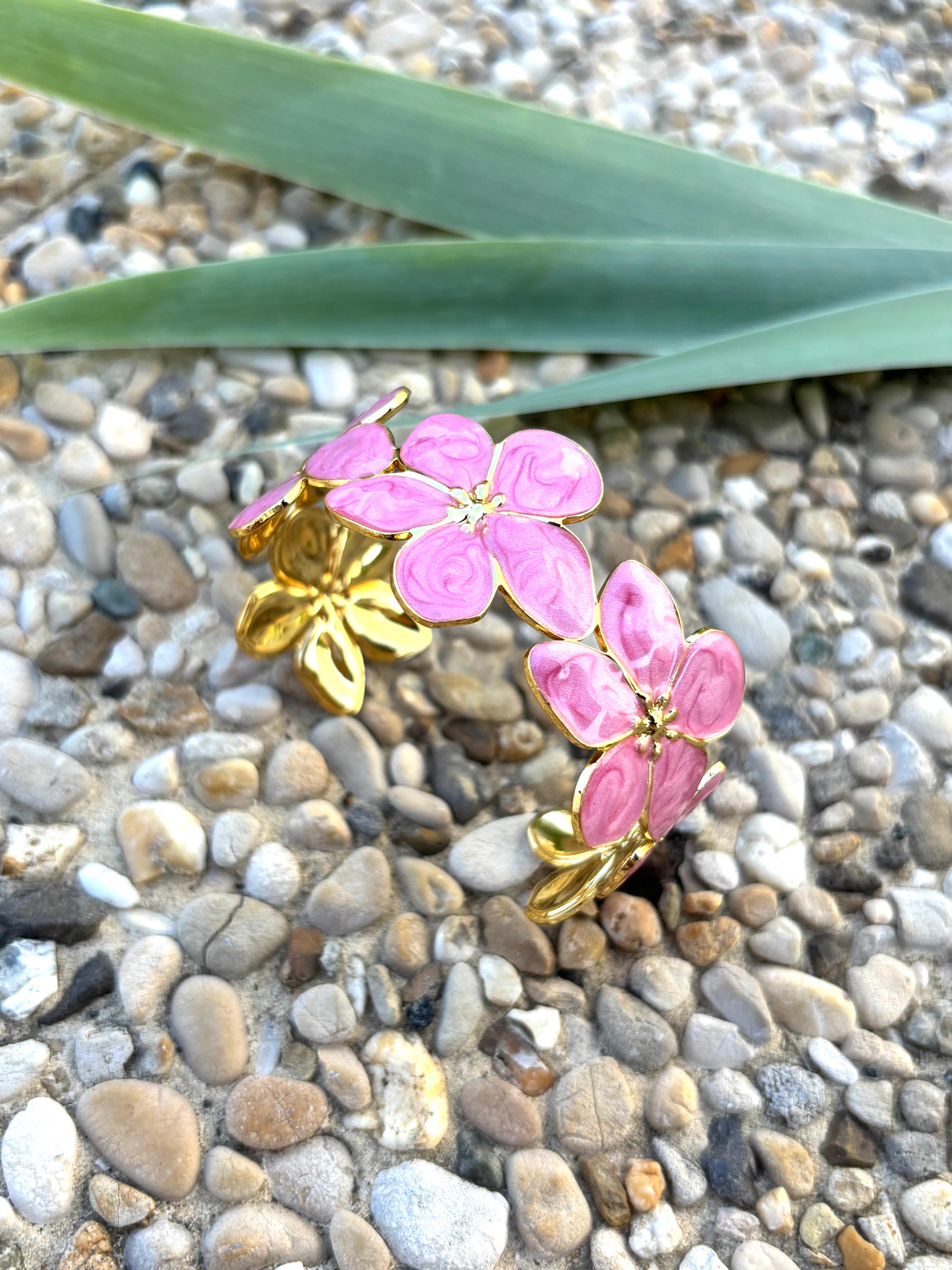 Bracelet fleur émaillé rose