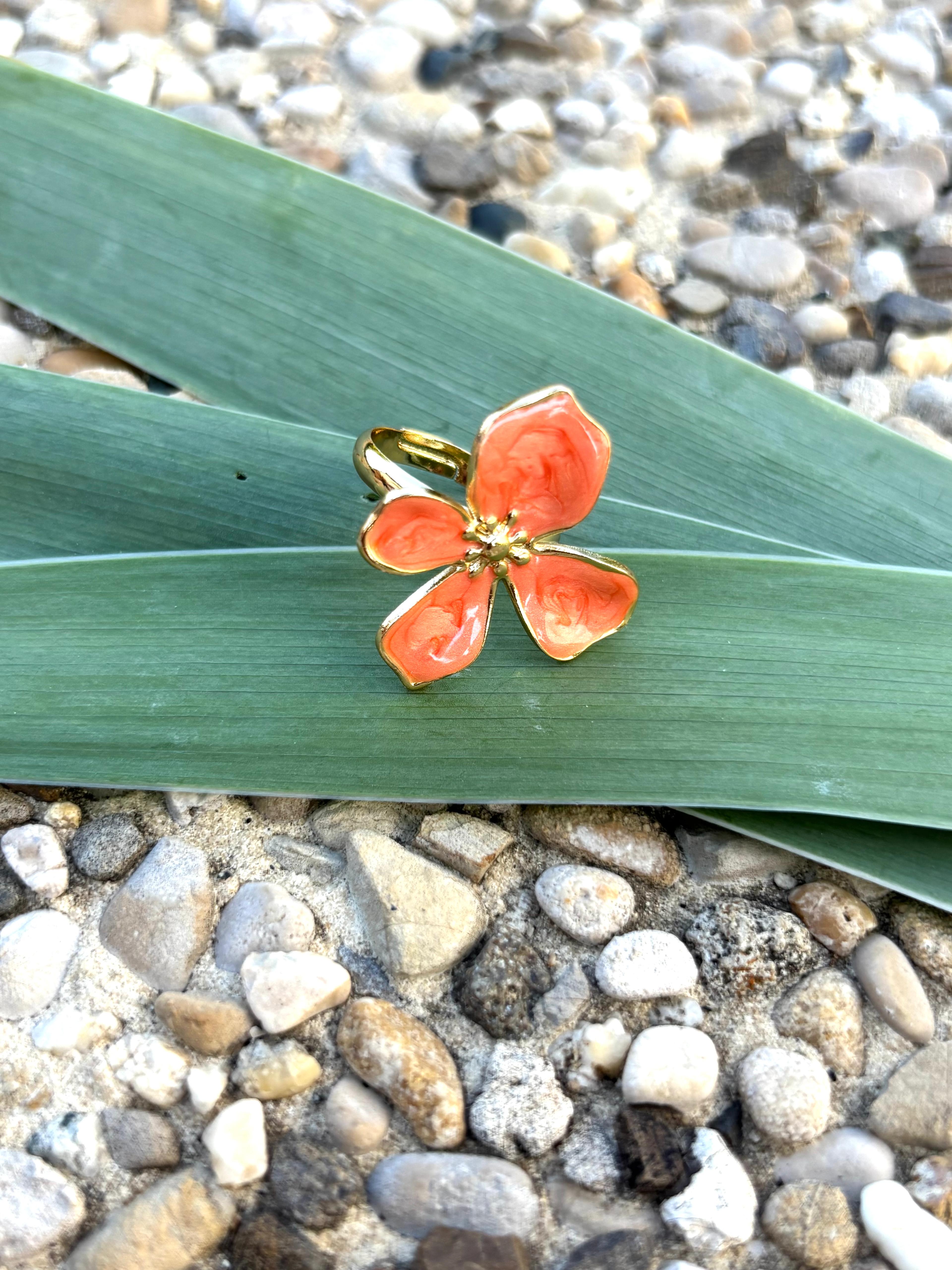 Bague fleur émail orange