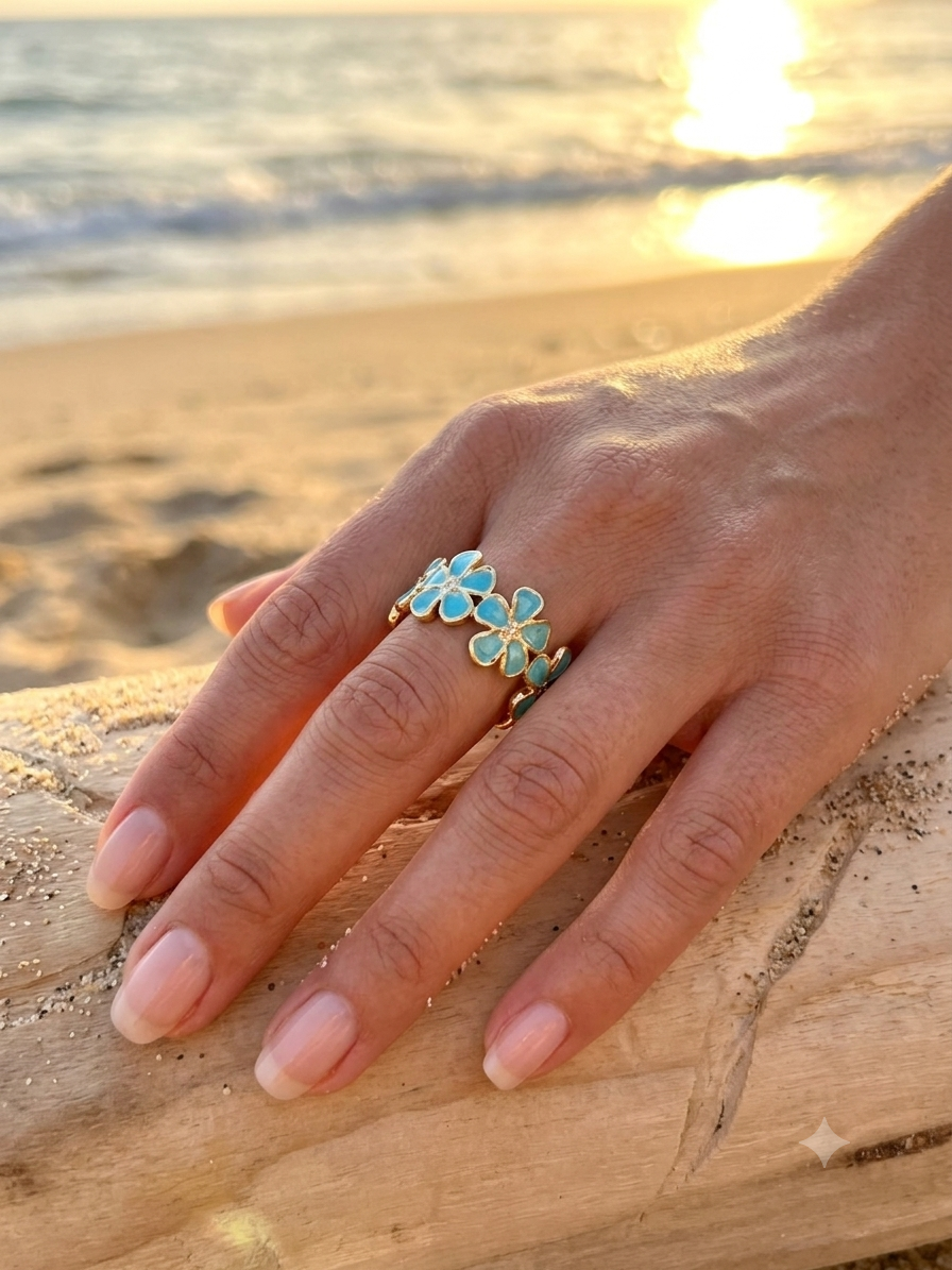 Bague petites fleurs émail bleu turquoise