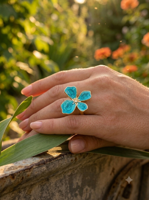 Bague fleur émail bleu turquoise