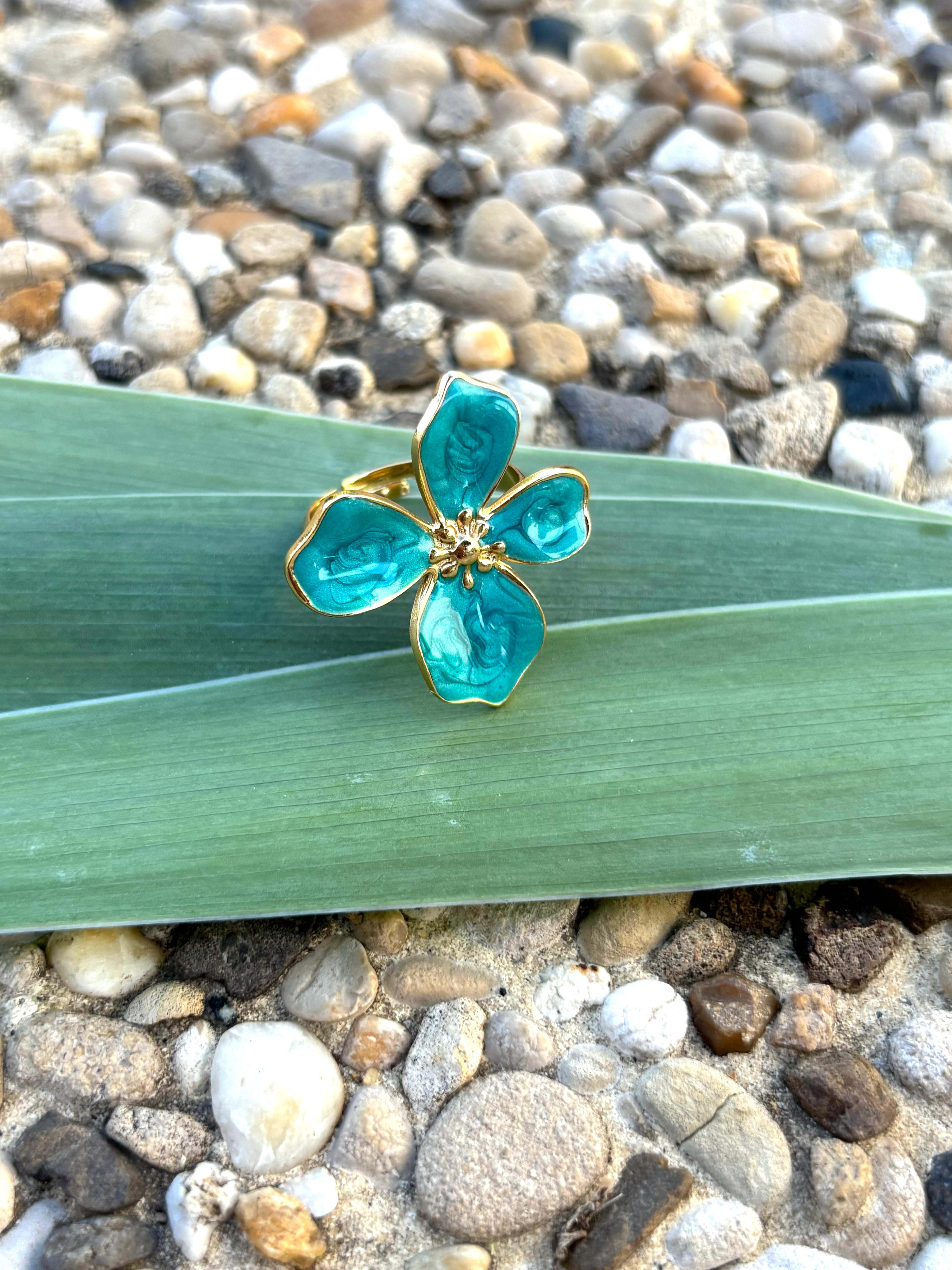 Bague fleur émail bleu turquoise