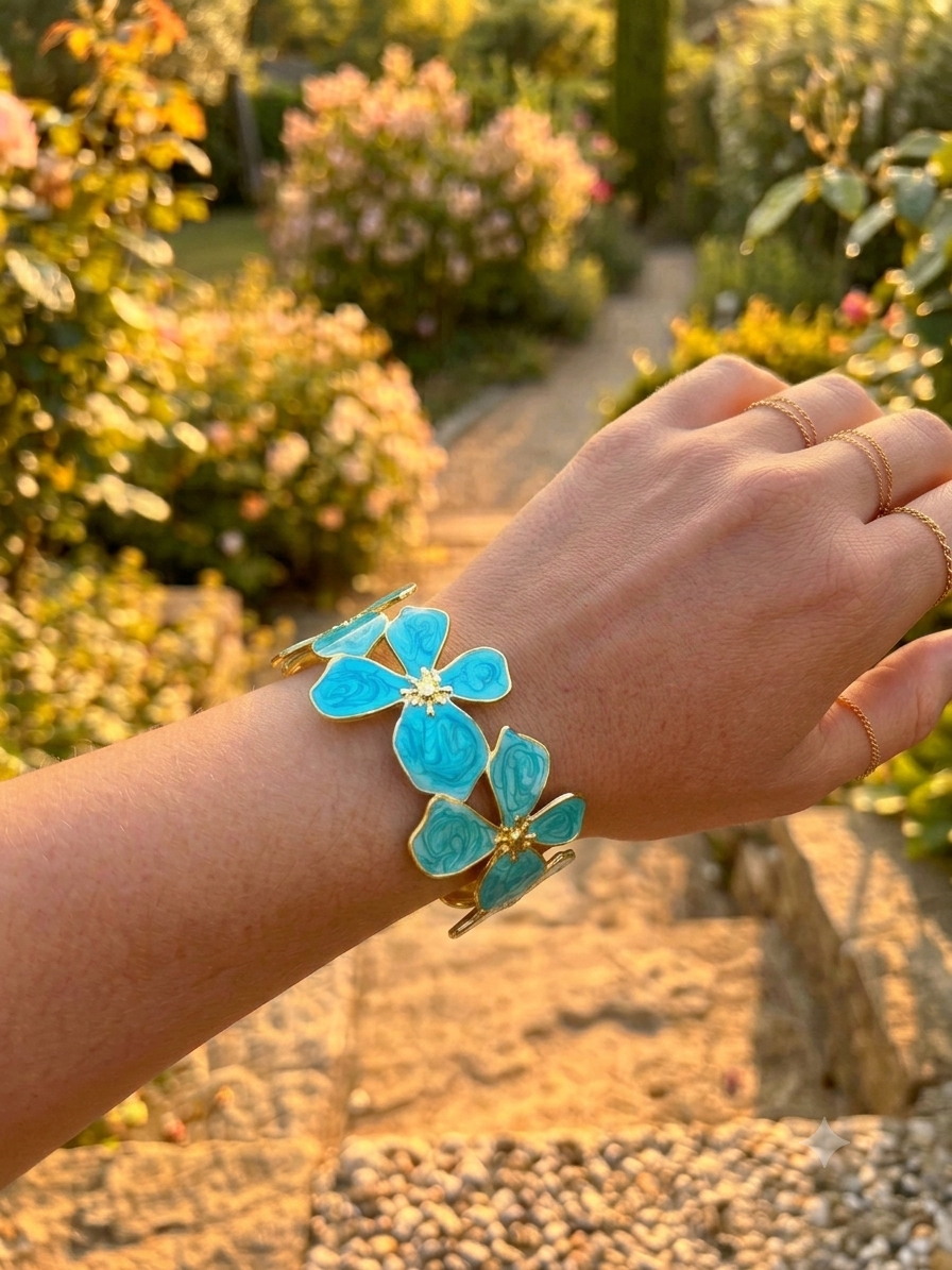 Bracelet fleur émaillé bleu turquoise