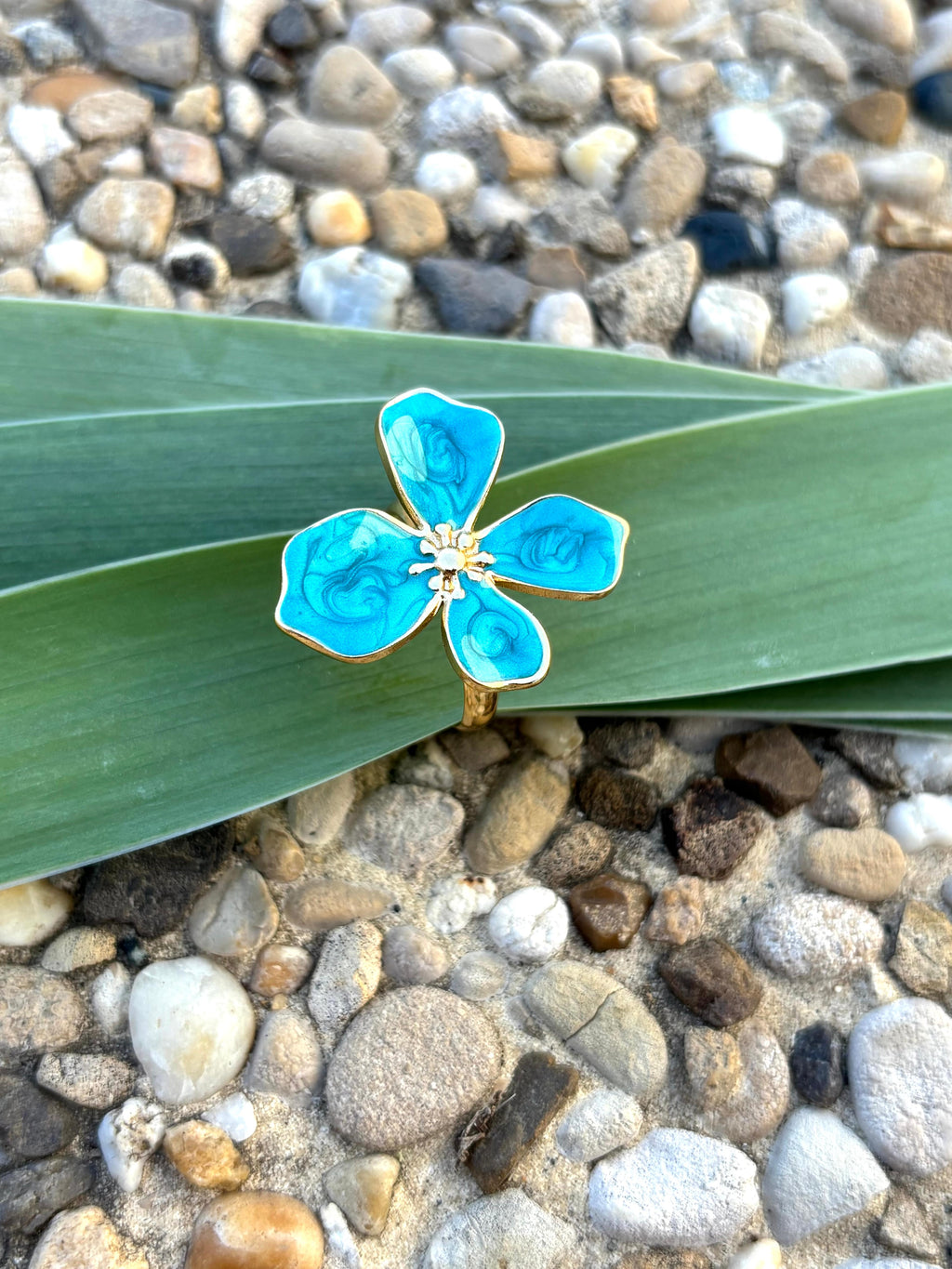Bague fleur émail bleu turquoise