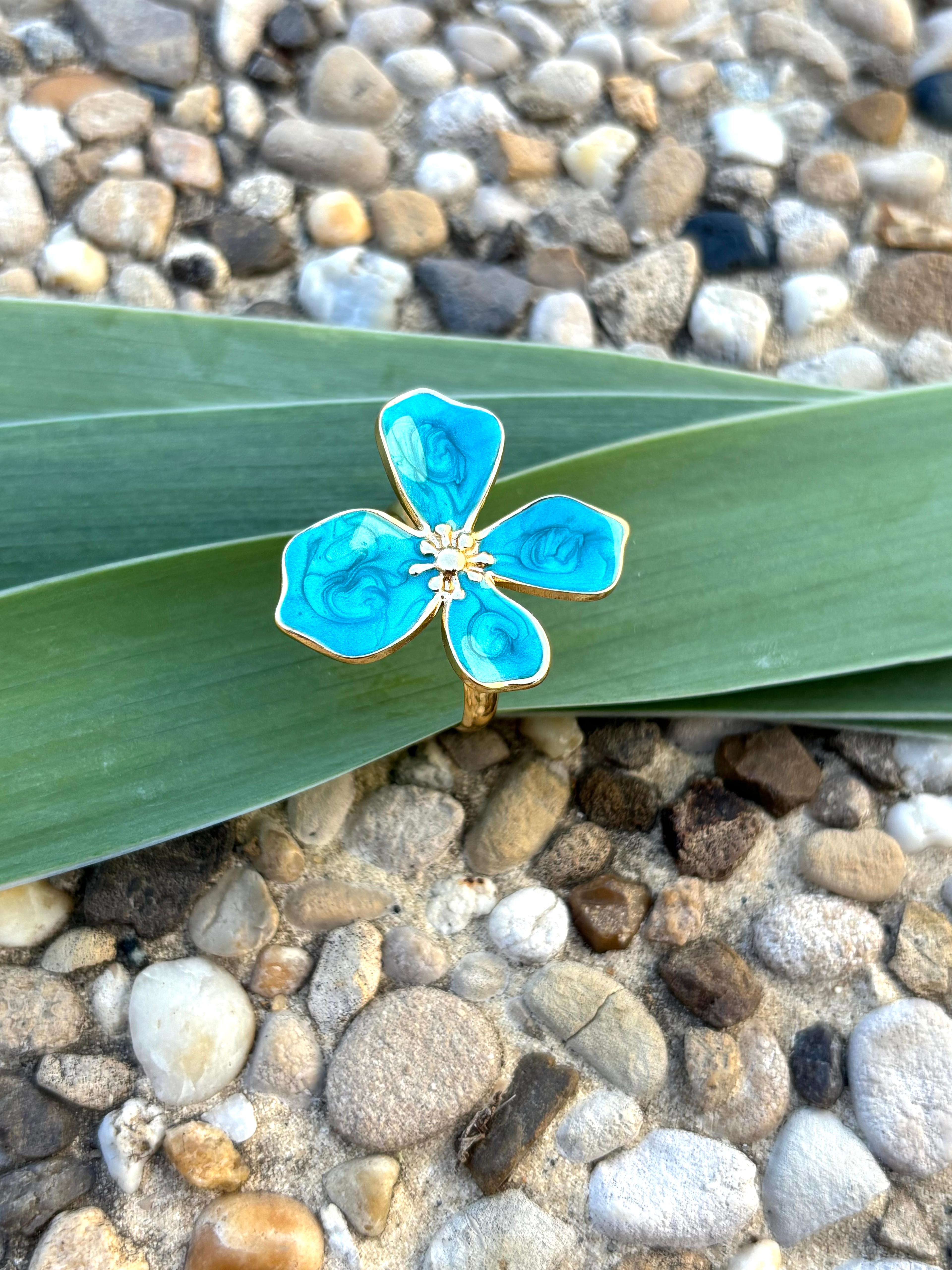 Bague fleur émail bleu turquoise